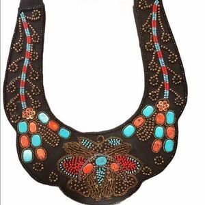 Circa 1980’s Oak Hand Beaded Fabric Bib Necklace, Micro beads,Colored glass